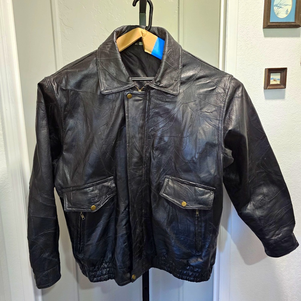 Vintage 80s Patchwork Leather Bomber Jacket Oversized Black Moto Flight Coat XL